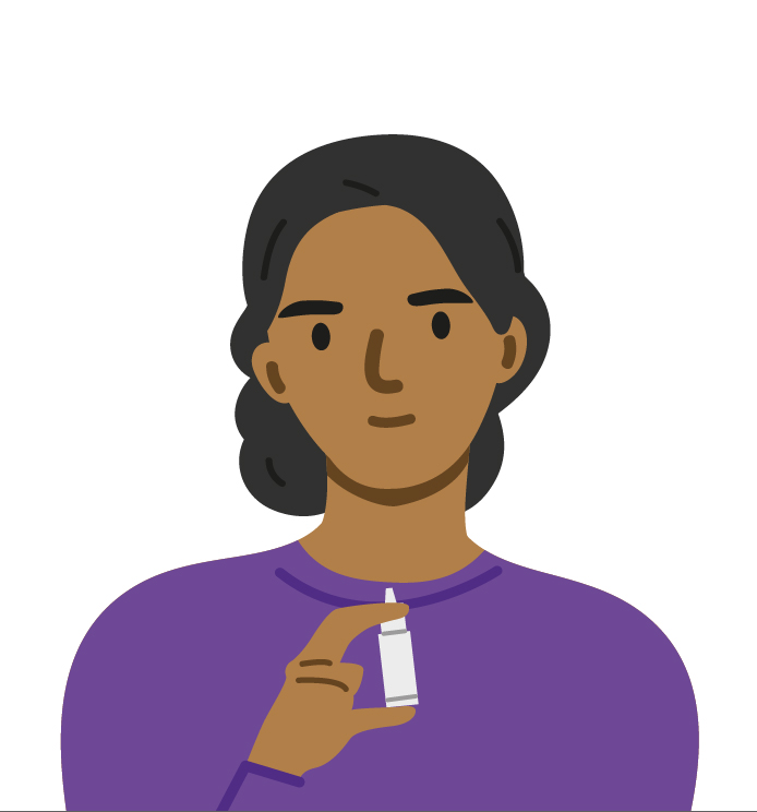 Girl-with-brown-skin-and-black-curly-hair-in-purple-top-holding-nasal-spray-with-left-hand