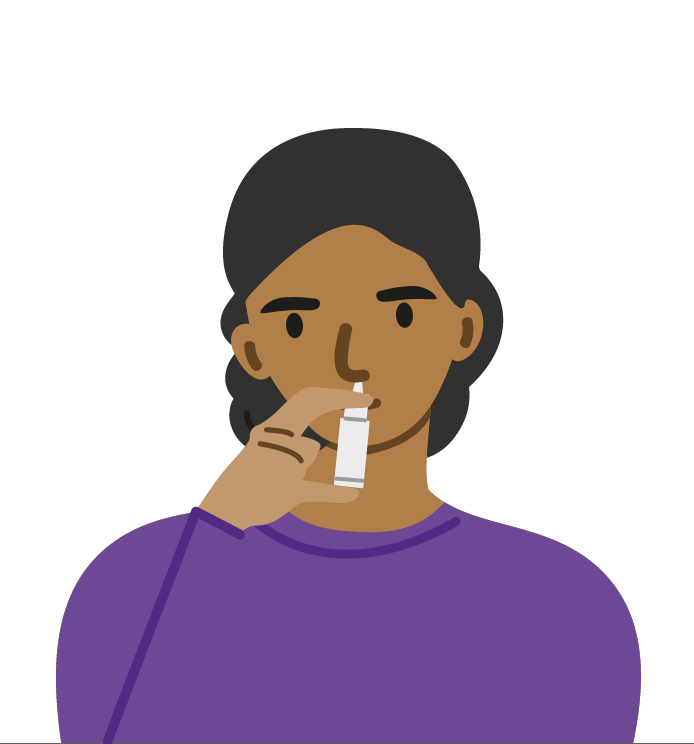 Girl-with-brown-skin-and-black-curly-hair-in-purple-top-using-nasal-spray-in-right-nostril