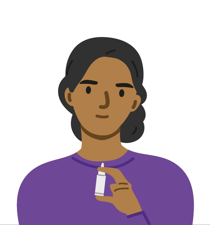 Girl-with-brown-skin-and-black-curly-hair-in-purple-top-holding-nasal-spray-with-right-hand