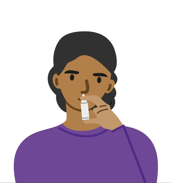 Girl-with-brown-skin-and-black-curly-hair-in-purple-top-using-nasal-spray-in-right-nostril