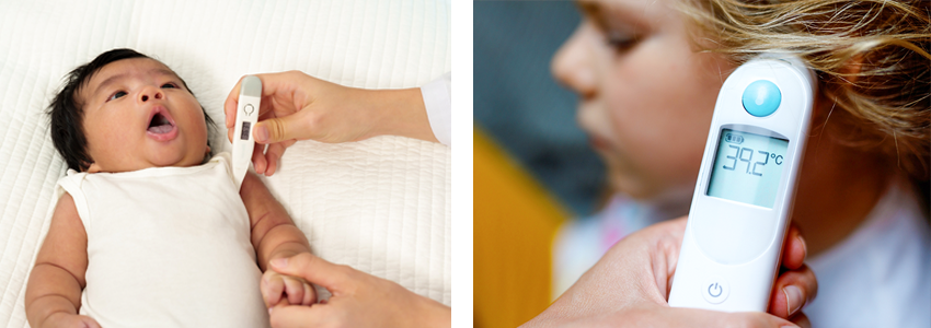 Two different types of thermometers being used on children. On left-hand side, under-arm thermometer being used on a baby of asia descent. On the right-hand side, an in-ear thermometer being used on a white child.