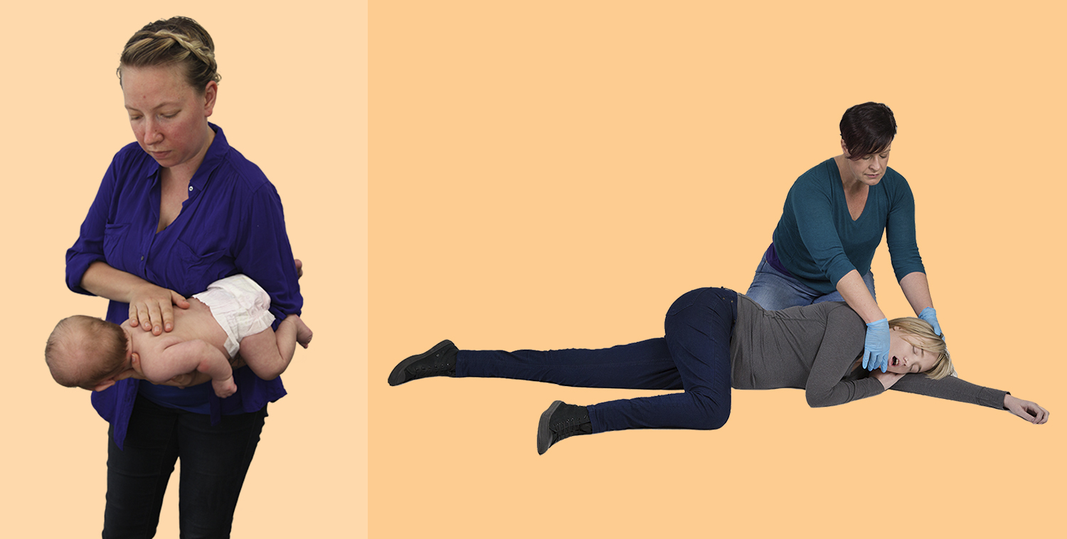 Two photographs of recovery positions - adults and infants Two photographs of recovery positions - left is an adult woman in a purple shirt holding an infant in the air, face-down; right is an adult woman with blonde hair laying on her side, with her top leg bent and bottom arm out straight under her head while someone with gloves on holds her airway opns
