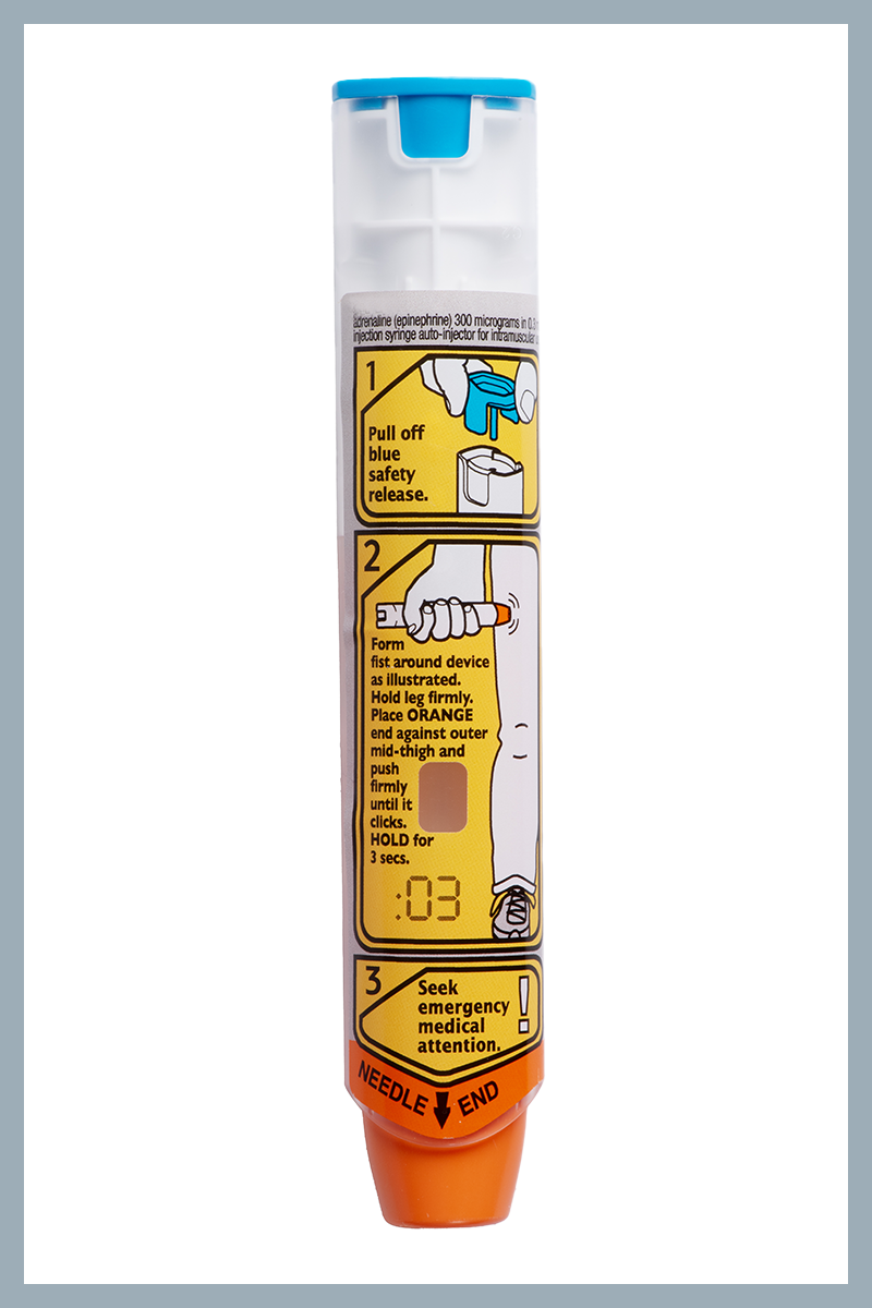 EpiPen autoinjector adrenaline device EpiPen adrenaline autoinjector with blue lid