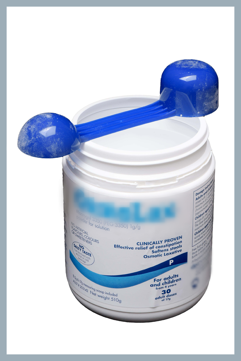 Large white container of powder with blue measuring scoop