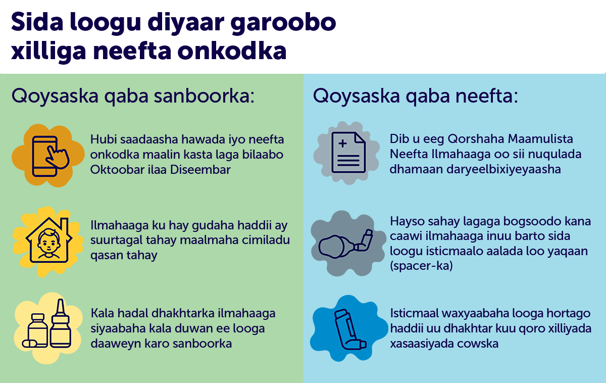 KHI Thunderstorm Asthma Graphic - Somali How to prepare for thunderstorm asthma season graphic, for families with hay fever and asthma