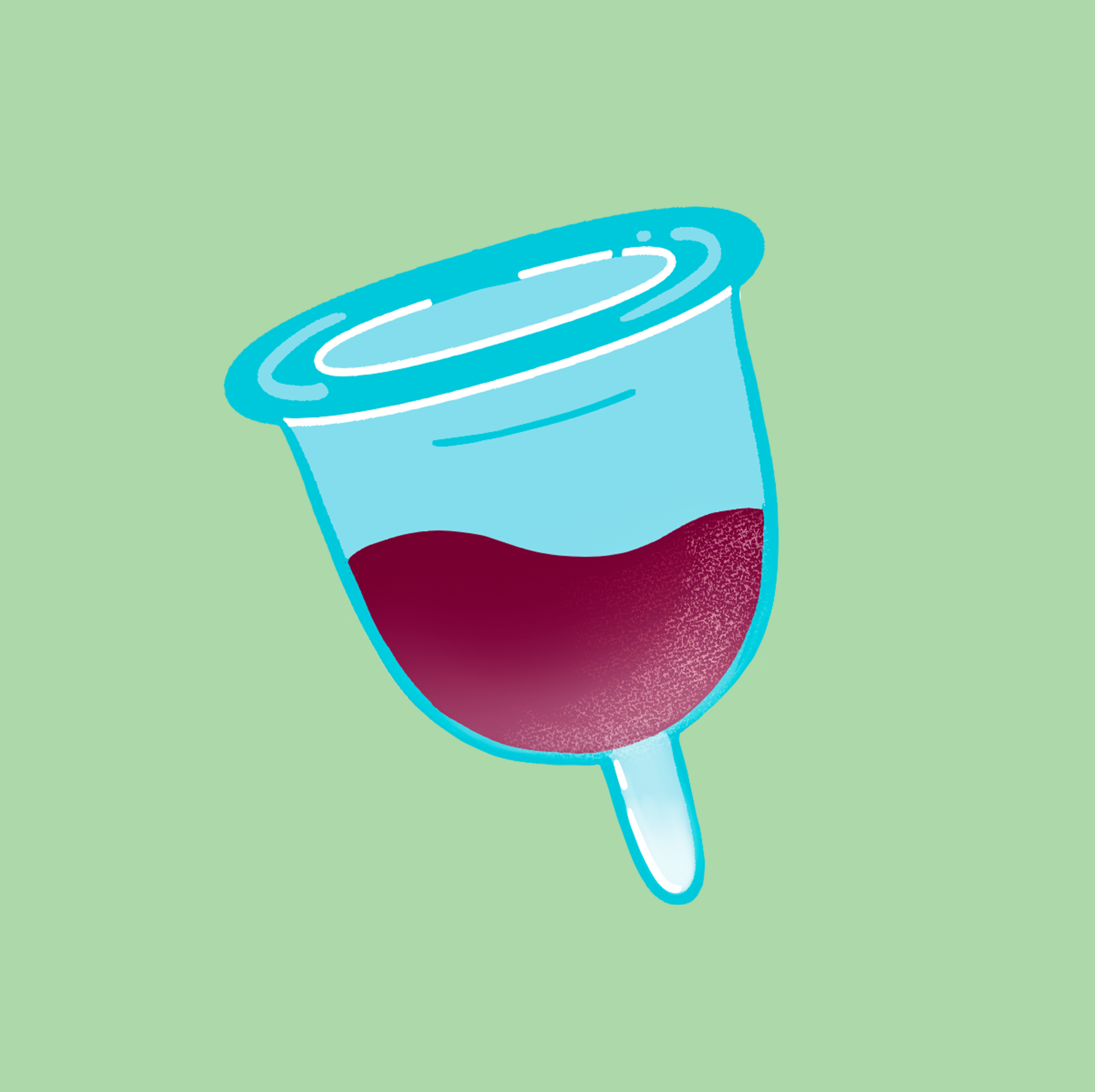 Illustration of a blue menstrual cup with period blood in it