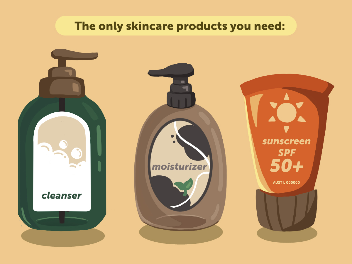 Illustration of the only skincare products teens need. From left to right: cleanser in a green pump bottle, moisturiser in a brown pump bottle and sunscreen SPF50+ in an orange squeeze bottle
